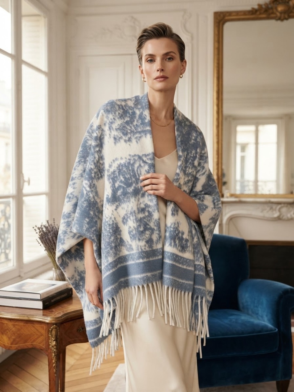 Cashmere and Wool Blue and Cream Patterned Fringe Throw Shawl -